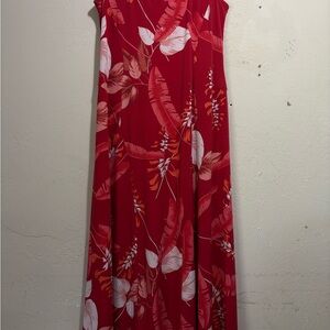 Susan Graver Red Tropical Leaf Maxi Dress with White & Coral Accents